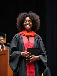 a graduate woman in their academic gown at stage to receive their diploma