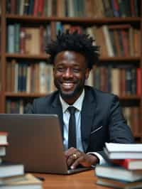 a graduate man surrounded by books and a laptop in unversity