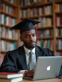 a graduate man surrounded by books and a laptop in unversity