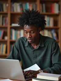 a graduate man surrounded by books and a laptop in unversity