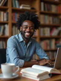 a graduate man surrounded by books and a laptop in unversity