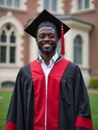 a graduate man in their academic regalia, standing in front of their university building