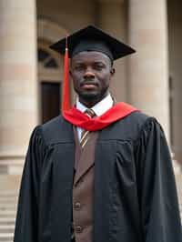 a graduate man in their academic regalia, standing in front of their university building