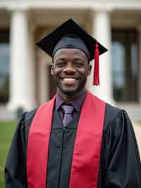 a graduate man in their academic regalia, standing in front of their university building