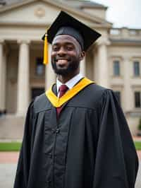 a graduate man in their academic regalia, standing in front of their university building