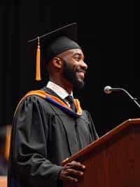 a graduate man in their academic gown at stage to receive their diploma