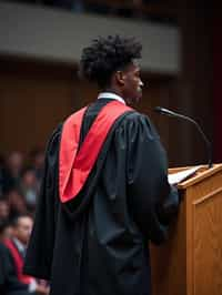 a graduate man in their academic gown at stage to receive their diploma