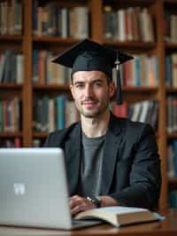 a graduate man surrounded by books and a laptop in unversity