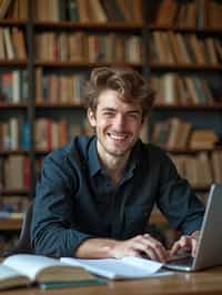 a graduate man surrounded by books and a laptop in unversity