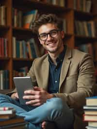 a graduate man surrounded by books and a laptop in unversity