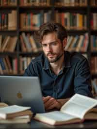 a graduate man surrounded by books and a laptop in unversity