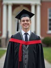 a graduate man in their academic regalia, standing in front of their university building