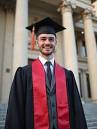 a graduate man in their academic regalia, standing in front of their university building