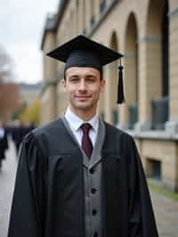 a graduate man in their academic regalia, standing in front of their university building