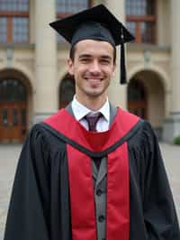 a graduate man in their academic regalia, standing in front of their university building