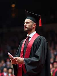 a graduate man in their academic gown at stage to receive their diploma