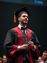 a graduate man in their academic gown at stage to receive their diploma