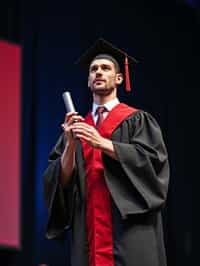 a graduate man in their academic gown at stage to receive their diploma