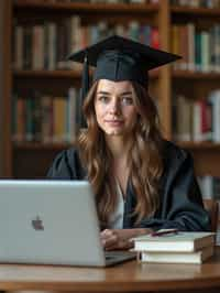 a graduate woman surrounded by books and a laptop in unversity