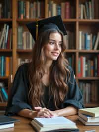 a graduate woman surrounded by books and a laptop in unversity