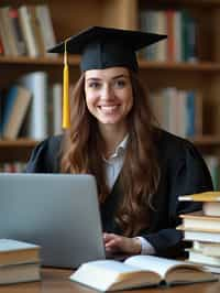 a graduate woman surrounded by books and a laptop in unversity