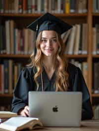 a graduate woman surrounded by books and a laptop in unversity