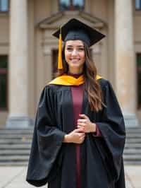 a graduate woman in their academic regalia, standing in front of their university building