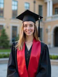 a graduate woman in their academic regalia, standing in front of their university building