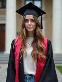 a graduate woman in their academic regalia, standing in front of their university building