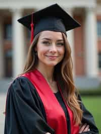 a graduate woman in their academic regalia, standing in front of their university building