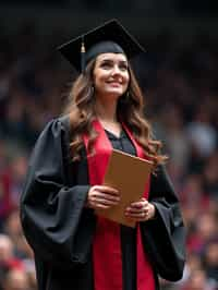 a graduate woman in their academic gown at stage to receive their diploma