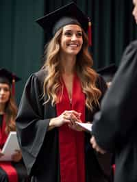 a graduate woman in their academic gown at stage to receive their diploma