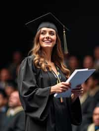 a graduate woman in their academic gown at stage to receive their diploma