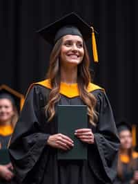 a graduate woman in their academic gown at stage to receive their diploma