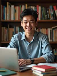 a graduate man surrounded by books and a laptop in unversity