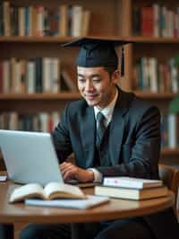 a graduate man surrounded by books and a laptop in unversity