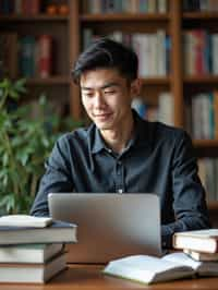 a graduate man surrounded by books and a laptop in unversity