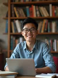 a graduate man surrounded by books and a laptop in unversity