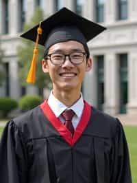 a graduate man in their academic regalia, standing in front of their university building