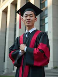 a graduate man in their academic regalia, standing in front of their university building