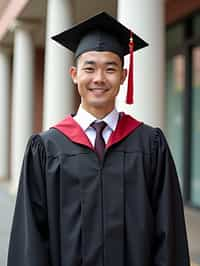 a graduate man in their academic regalia, standing in front of their university building