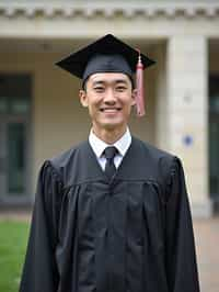 a graduate man in their academic regalia, standing in front of their university building