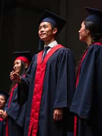 a graduate man in their academic gown at stage to receive their diploma