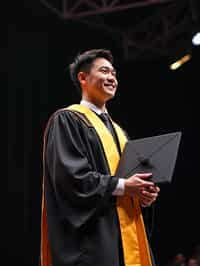 a graduate man in their academic gown at stage to receive their diploma