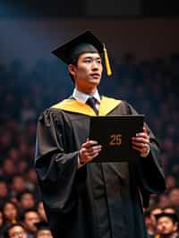 a graduate man in their academic gown at stage to receive their diploma