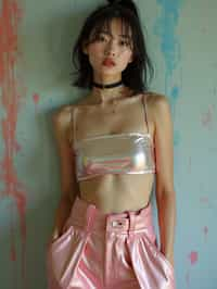 woman wearing Y2K aesthetic, 2000s fashion, aughts style, noughties style, grunge or 2000s style, oversized washed out style, baggy pants, low rise pants or cargo pants, crop top, Choker, Metallic, iridescent fabrics, posing for photo