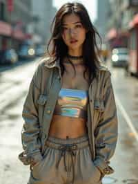 woman wearing Y2K aesthetic, 2000s fashion, aughts style, noughties style, grunge or 2000s style, oversized washed out style, baggy pants, low rise pants or cargo pants, crop top, Choker, Metallic, iridescent fabrics, posing for photo