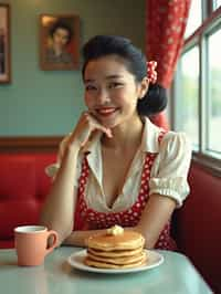 woman in retro 1950s diner photo shoot. stack of pancakes and one coffee mug in front.  woman wearing 1950s pin up dress and 1950s hair tie