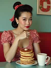 woman in retro 1950s diner photo shoot. stack of pancakes and one coffee mug in front.  woman wearing 1950s pin up dress and 1950s hair tie