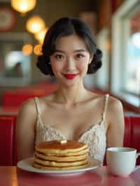 woman in retro 1950s diner photo shoot. stack of pancakes and one coffee mug in front.  woman wearing 1950s pin up dress and 1950s hair tie